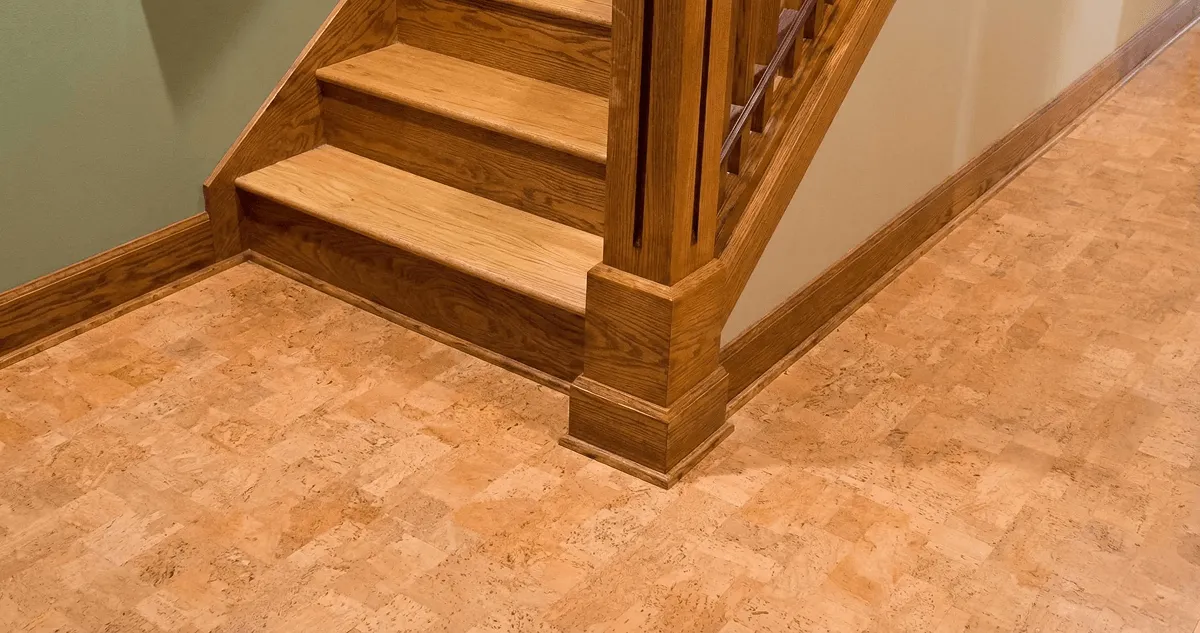 End of a staircase with cork flooring in Sacramento, CA