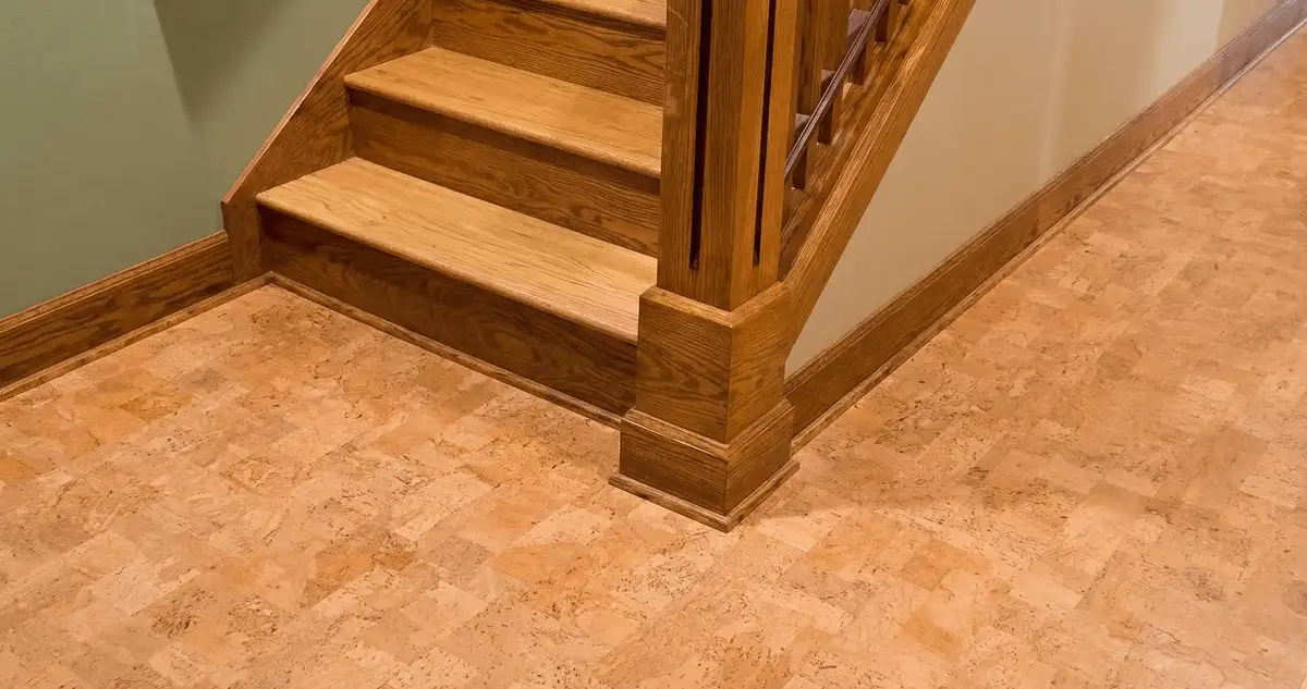 End of a staircase with cork flooring in Sacramento, CA
