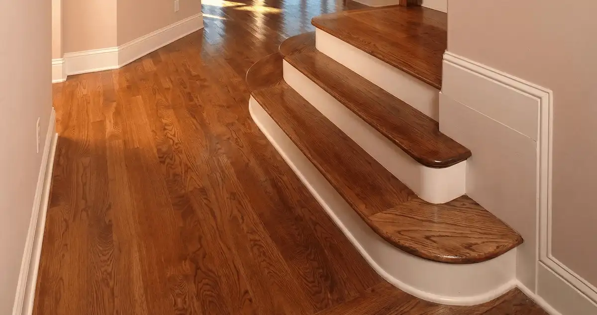 Base floor of a staircase with professionally restored wood flooring in Sacramento CA