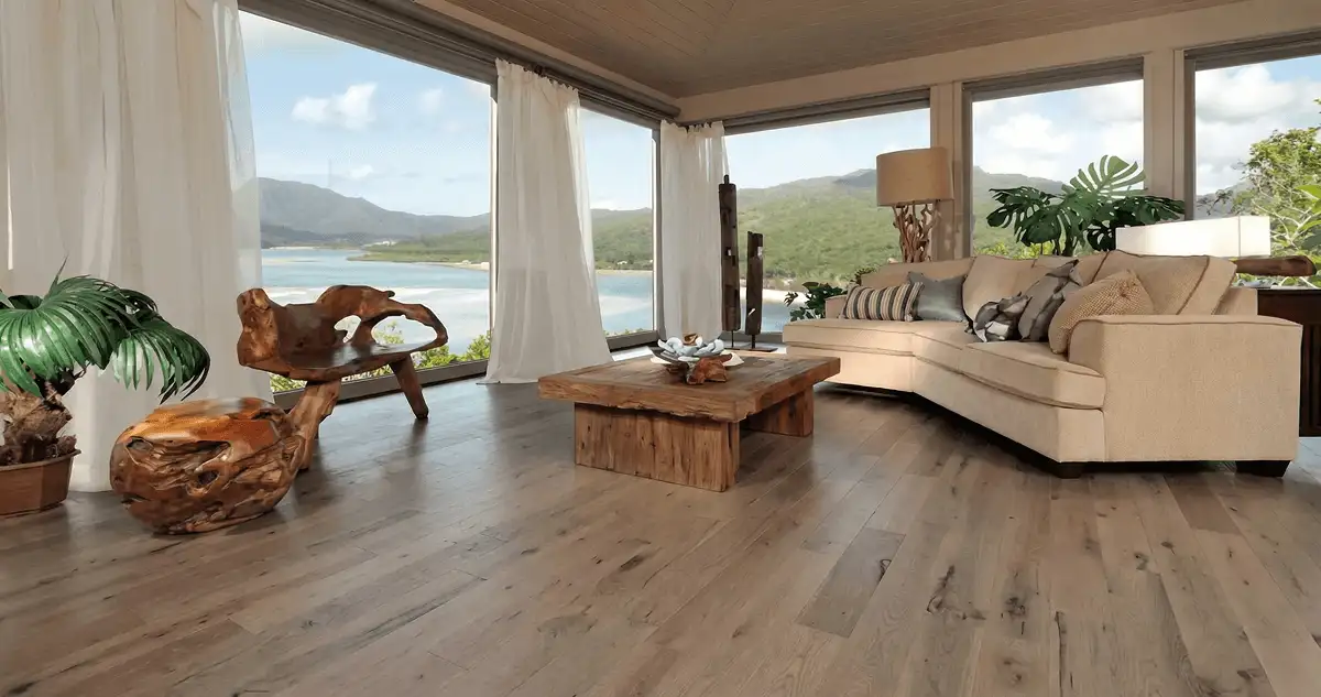 Professionally installed vinyl flooring in a modern living room with large windows in Sacramento, CA